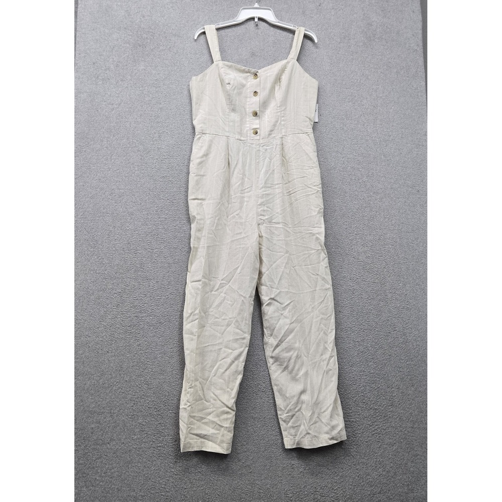 Old Navy Women Jumpsuit L Beige Striped Smocked Sleeveless Button Straight NWT